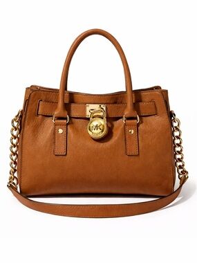 Michael Kors Hamilton Leather Satchel Brown MK Lock Gold Hardware Chain strap